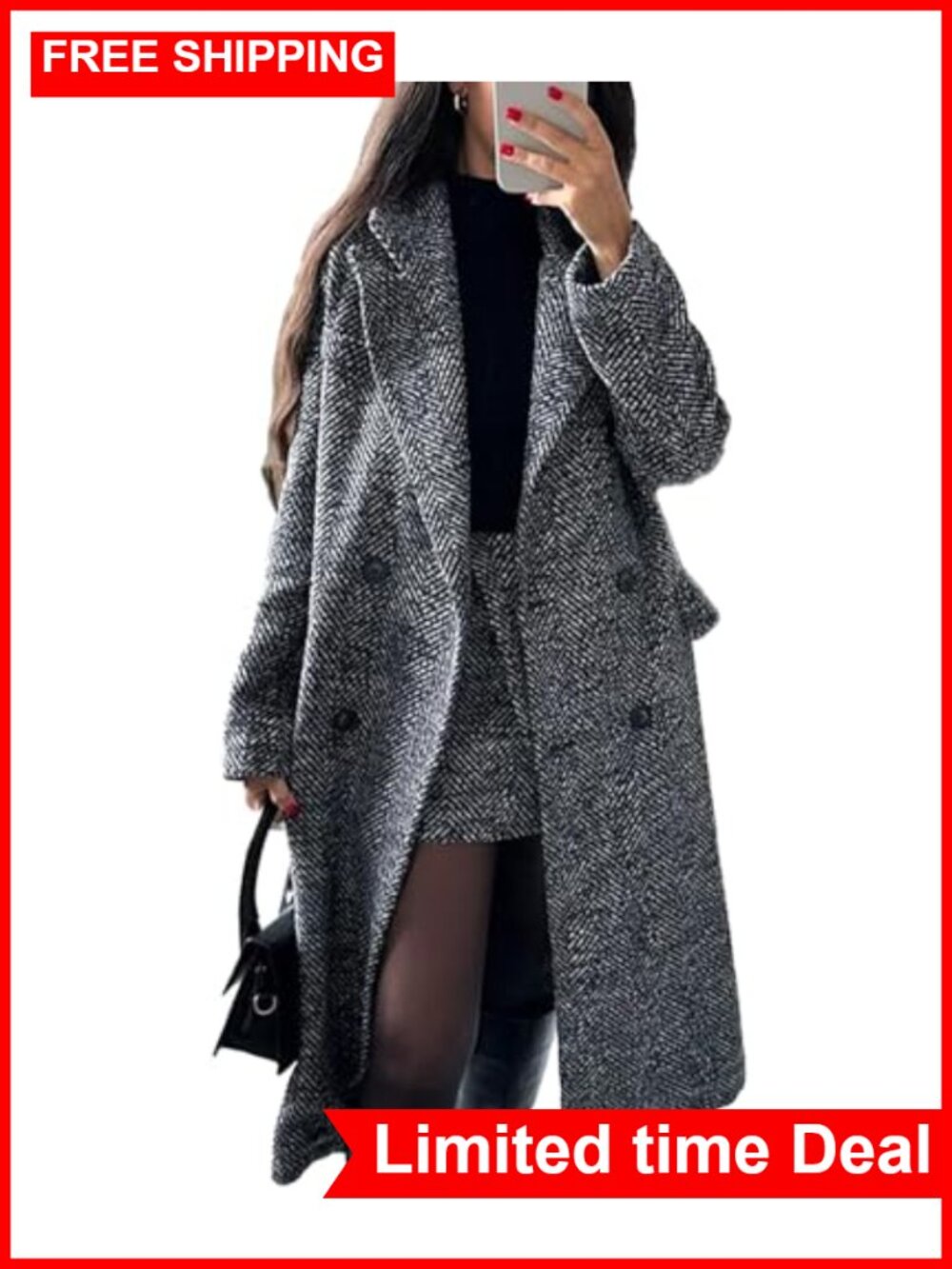 Wool Blend Herringbone Trench Coat Double Breasted Notch Collar Long Pea Coat